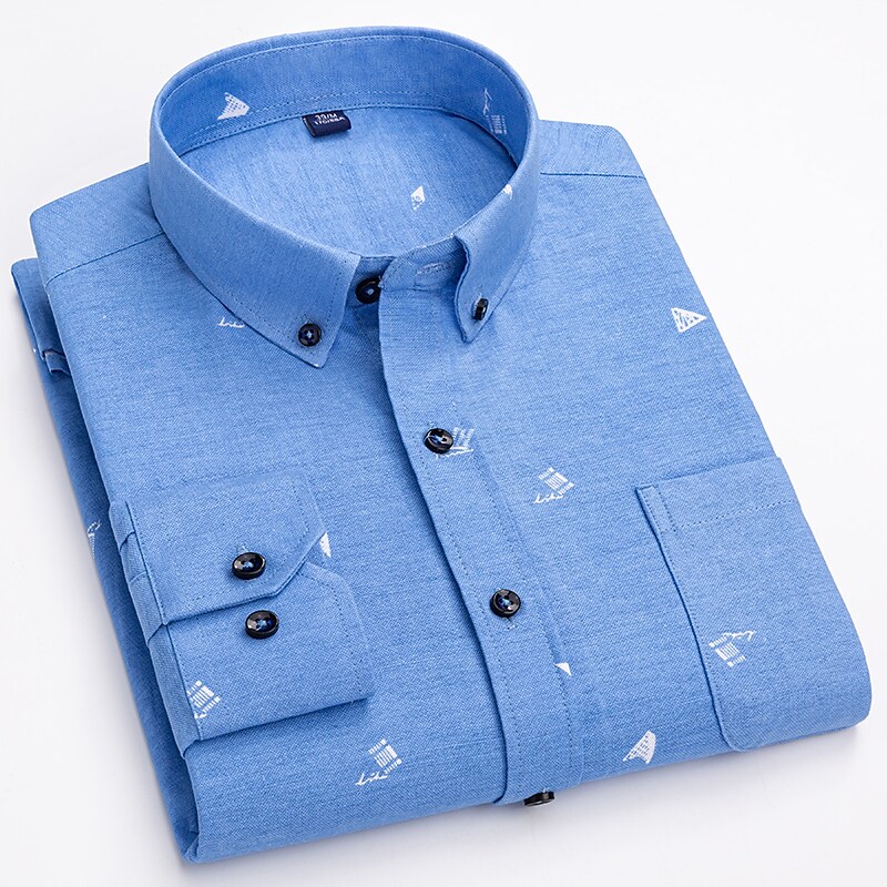 Men's Oxford Solid Color Floral Button Down Collar Long Sleeve Shirt