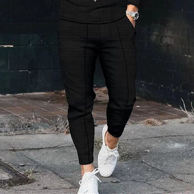 Men's Plaid Drawstring Trousers Pocket Solid Color Pants