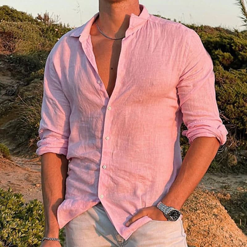 Men's Linen Solid Color Turndown Pink Outdoor Street Long Sleeve Top