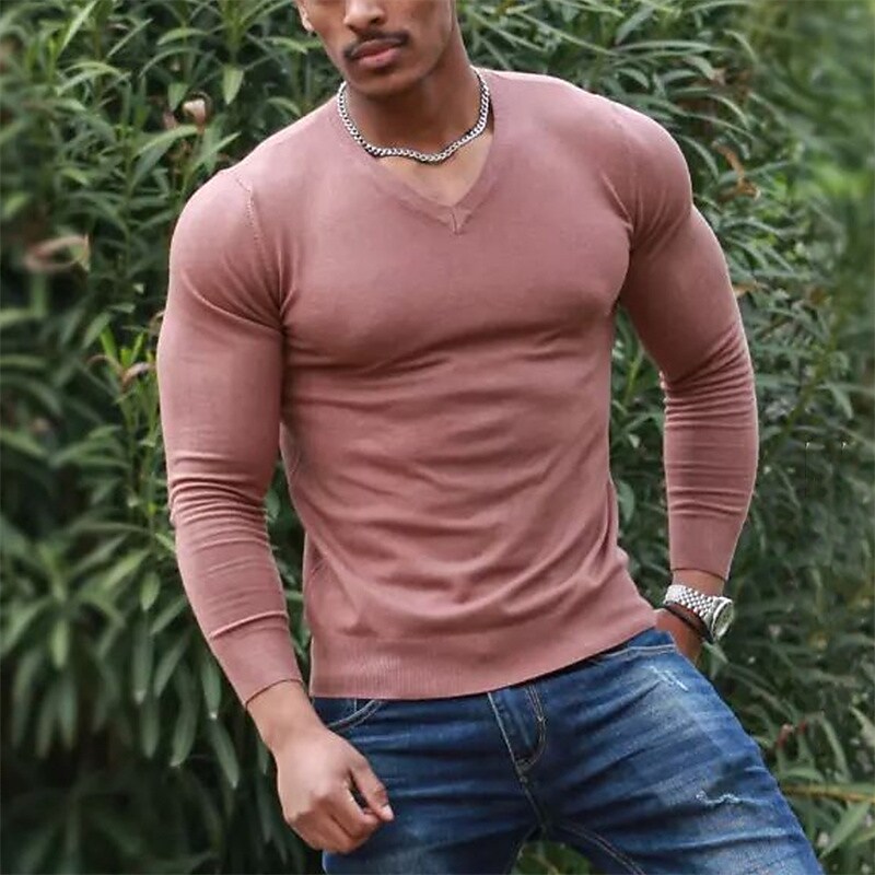 Men's T shirt Tee Solid Colored V Neck Long Sleeve Casual Comfortable Tops