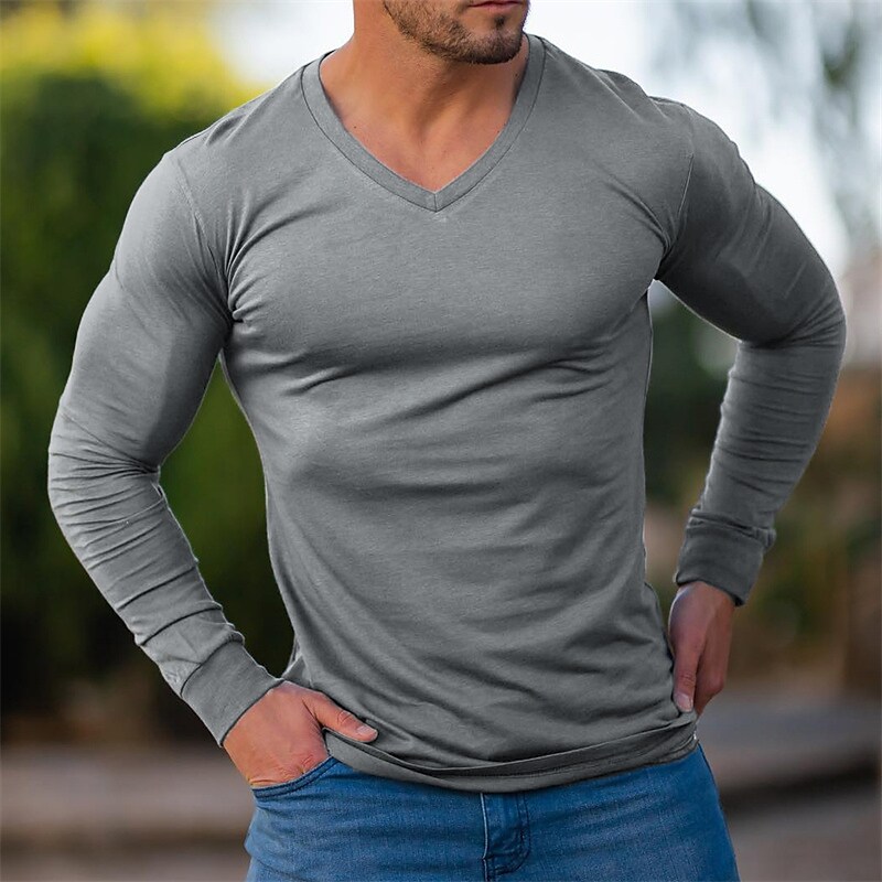 Men's Casual Gray Street V Neck Long Sleeve Comfortable Sport Shirt