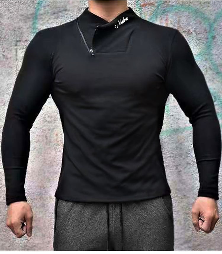 Men's Casual Letter Stand Collar Sport Vacation Long Sleeve Shirt