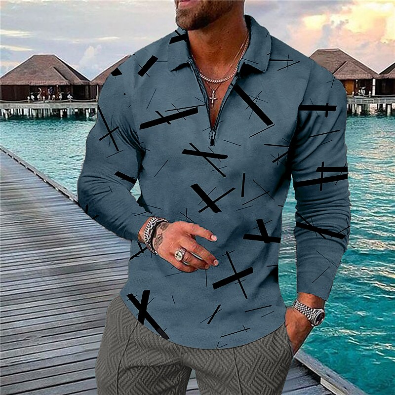 Men's Golf Shirt 3D Print Geometry Turndown Street Casual Zipper Print Long Sleeve Tops Designer Casual Fashion Breathable Green Blue Gray