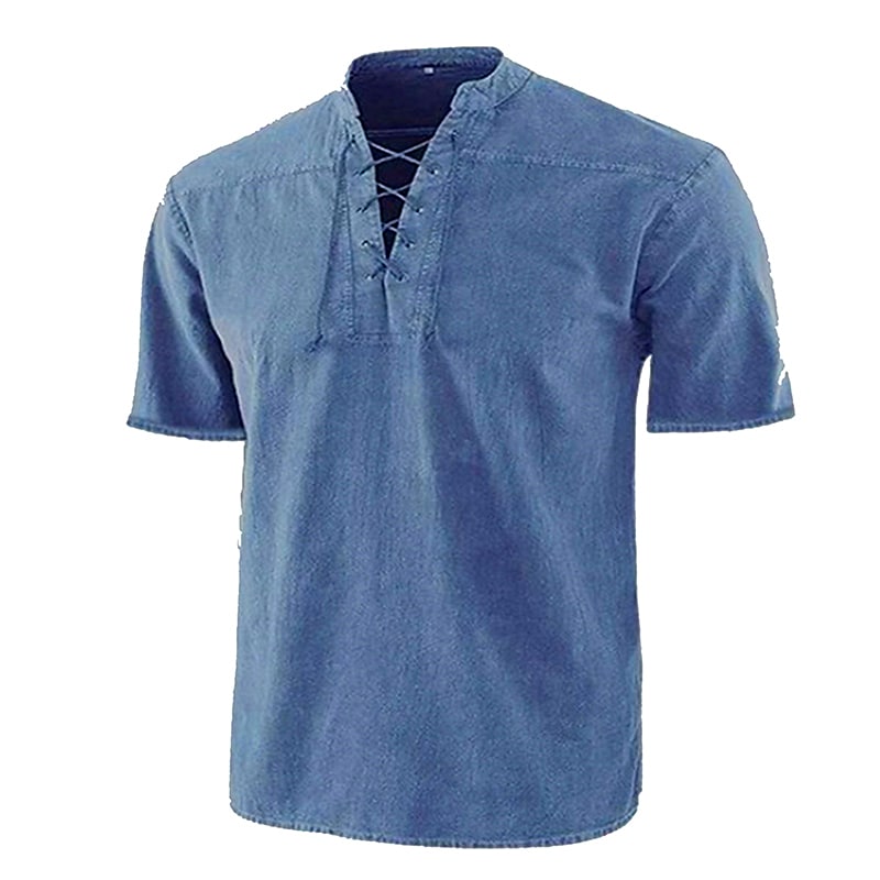 Men's Solid Colored Stand Collar Street Drawstring Short Sleeve Tops 