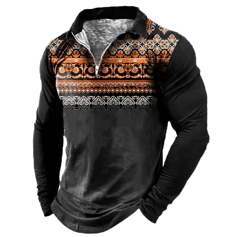 Men's Casual Black Turndown Long Sleeve Zipper Print Sweatshirt