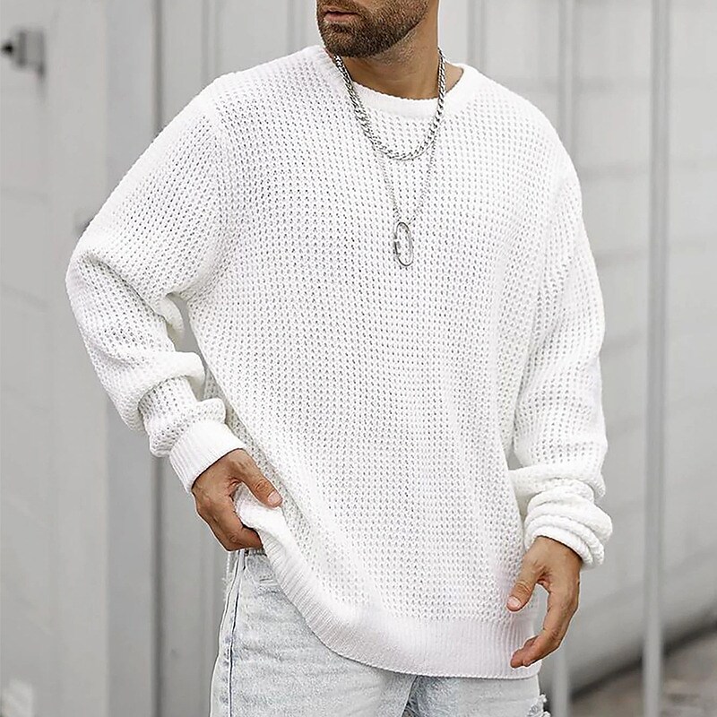 Men's Waffle Knit Solid Color Crew Neck Basic Long Sleeve Sweater