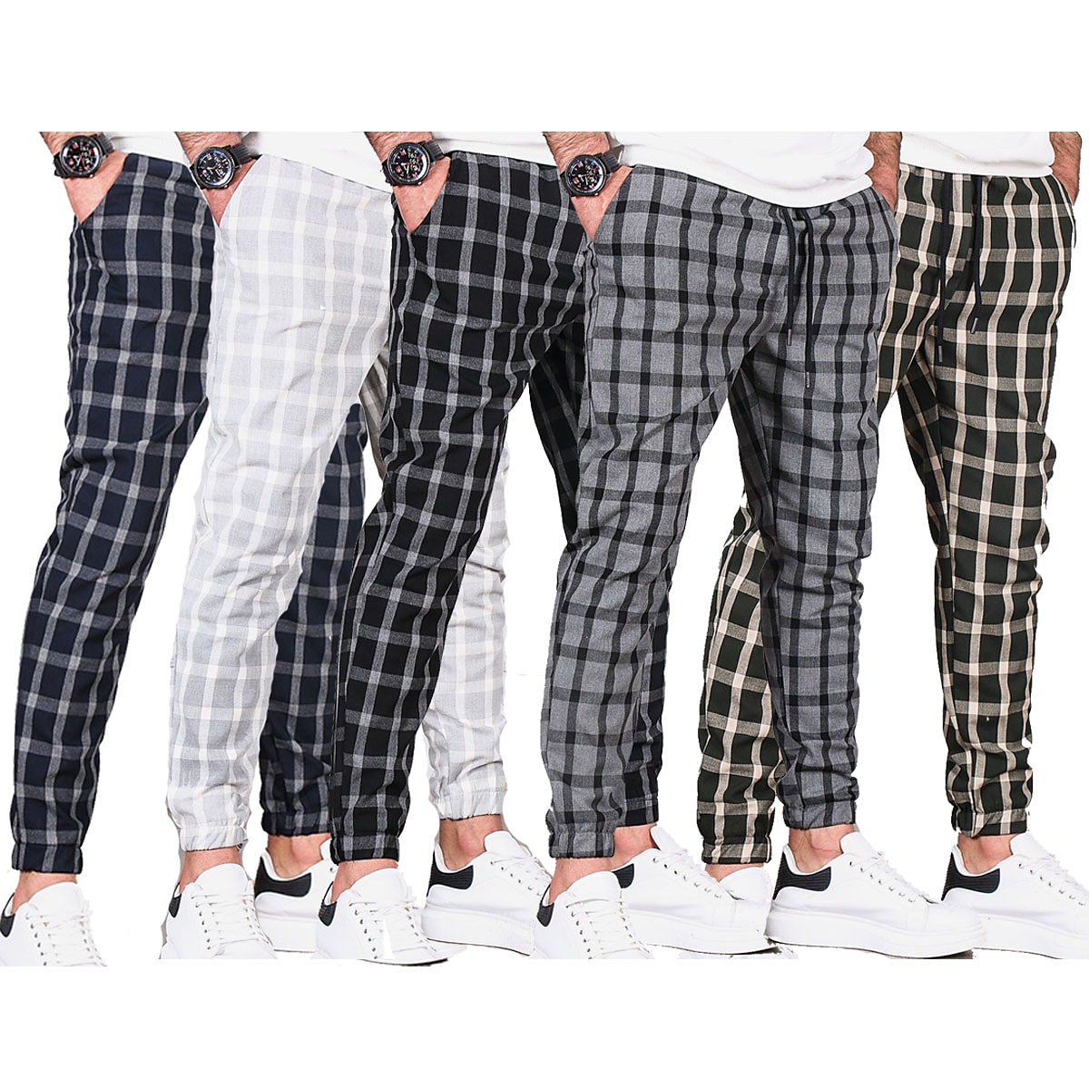 Men's Casual Micro-elastic Pocket Plaid Full Length Tapered Pant