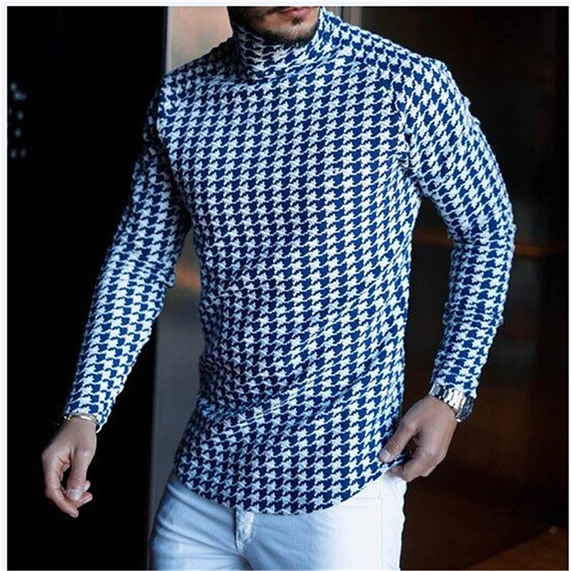 Men's Houndstooth Plaid Turtleneck Long Sleeve Tops 