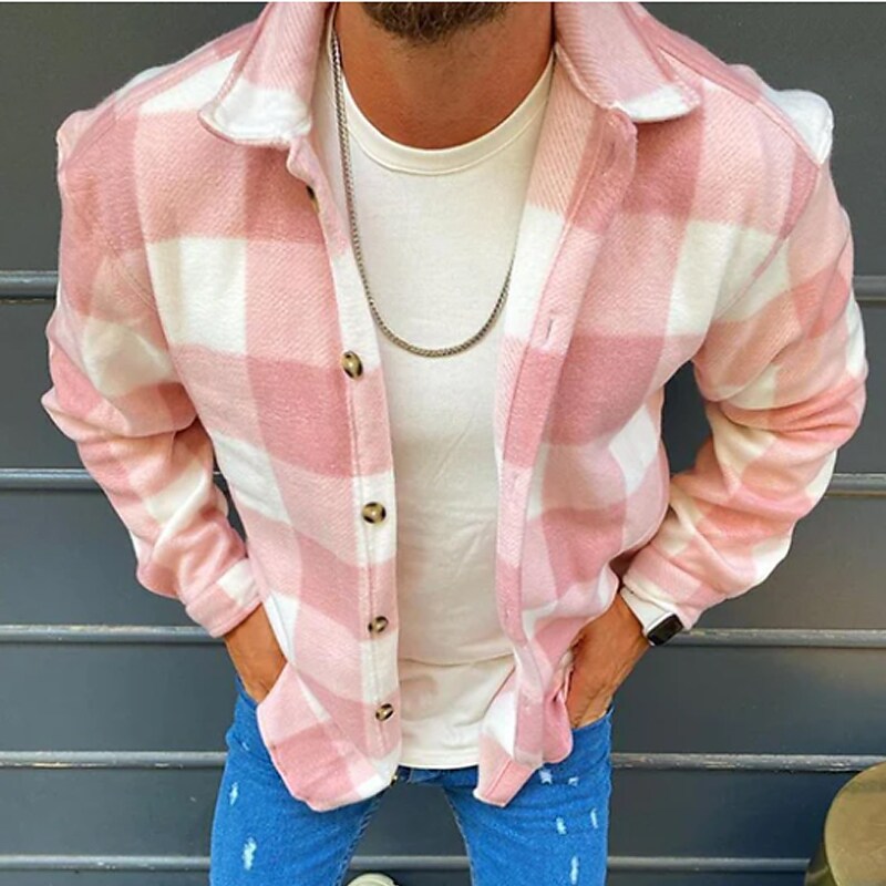 Men's Casual Pink Street Turndown Long Sleeve Button Plaid Shirt
