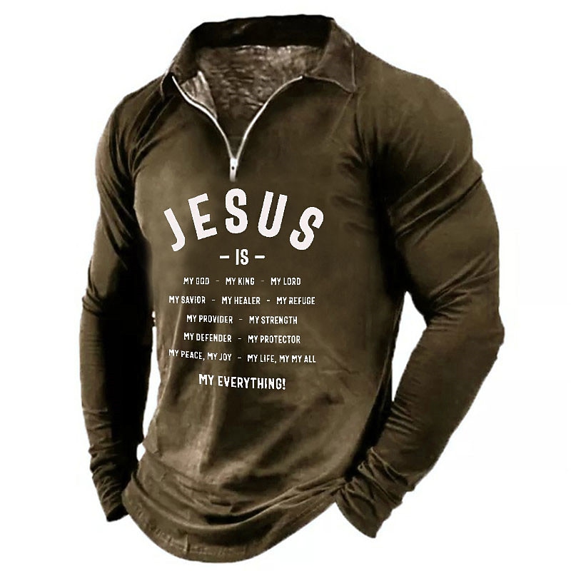 Men's Outdoor Letter Print Turndown Long Sleeve Zipper Breathable Top