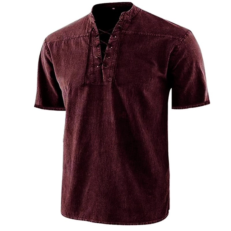 Men's Solid Colored Stand Collar Street Drawstring Short Sleeve Tops 