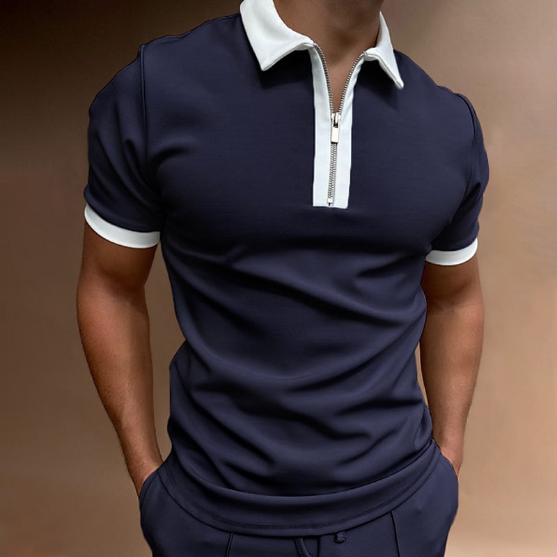 Men's Golf Shirt non-printing Solid Color Zipper Patchwork Short Sleeve Tops 