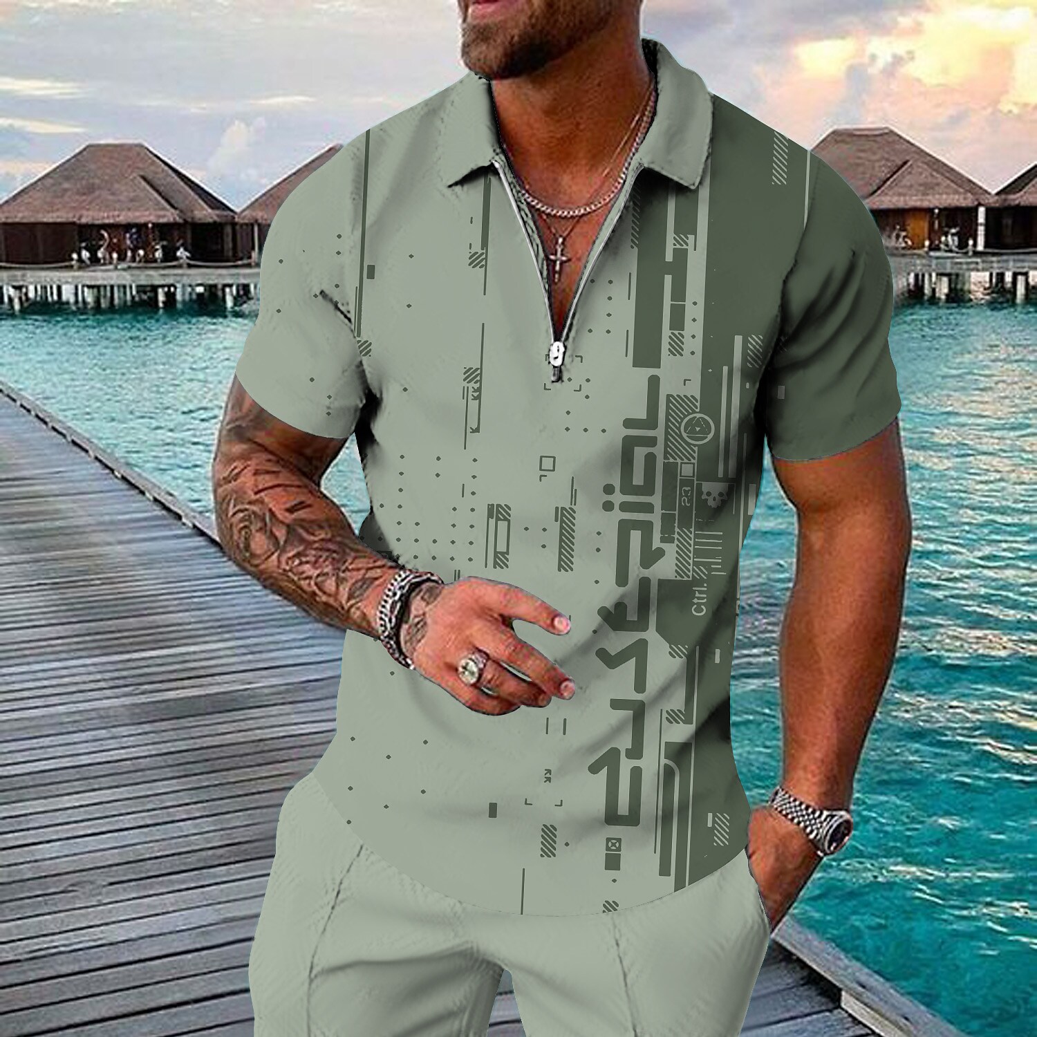 Men's Golf Shirt 3D Print Geometry Turndown Street Casual Zipper Print Short Sleeves Tops Designer Casual Fashion Breathable Black Blue Pink / Summer / Spring / Summer