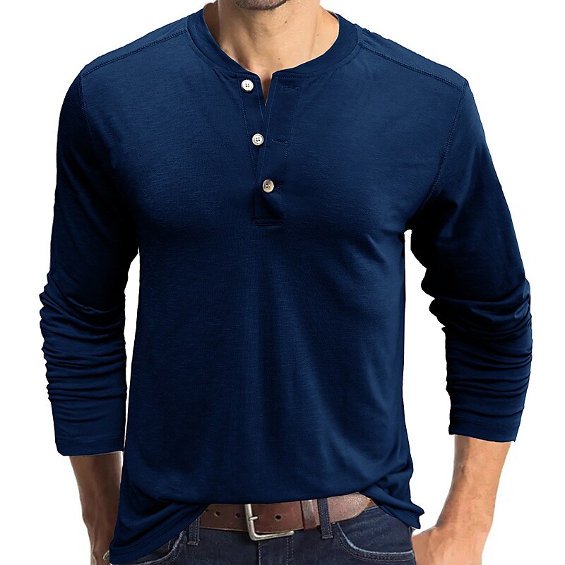 Men's Solid Color Round Neck Button Down Outdoor Long Sleeve Shirt