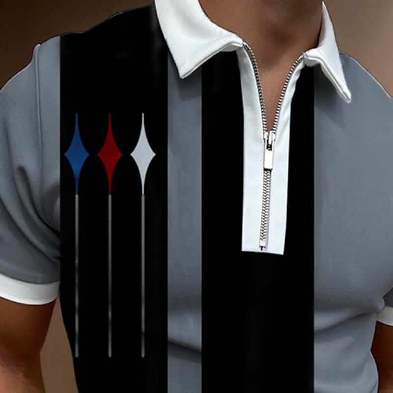 Men's Golf Shirt Print Striped Turndown Casual Daily Zipper Print Short Sleeve Tops Casual Fashion Breathable Comfortable Black / Gray Summer Shirt