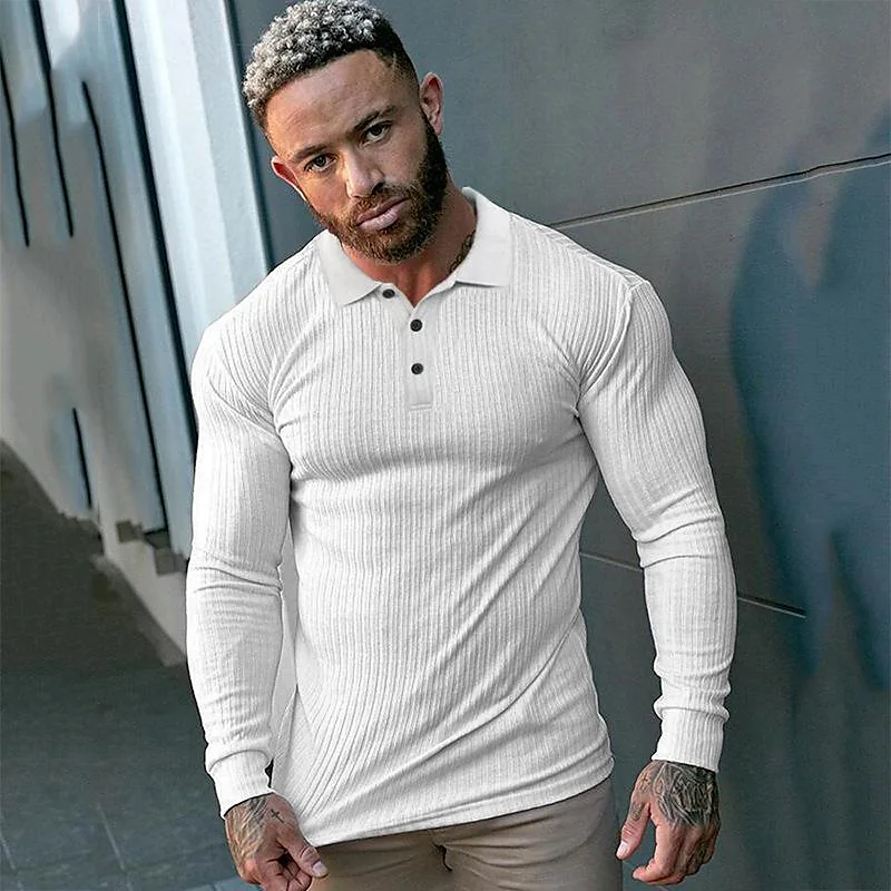 Men's Long-sleeved Knitted Elastic Breathable Lapel Fitness T-shirt