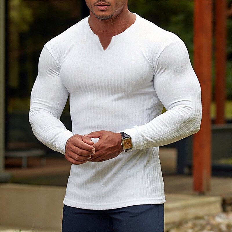 Men's T shirt Tee Solid Color V Neck Long Sleeve  Casual Comfortable / Sports