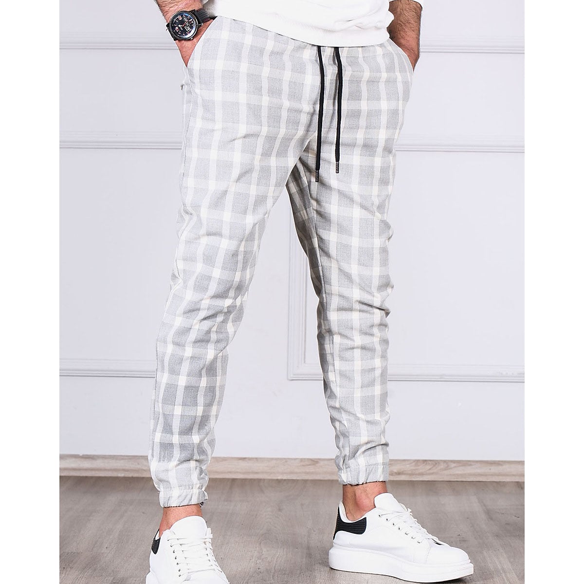 Men's Casual Micro-elastic Pocket Plaid Full Length Tapered Pant