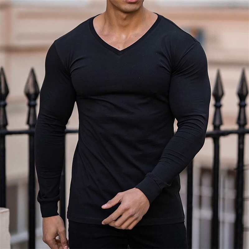 Men's Solid Color V Neck Black Street Long Sleeve Casual Shirt