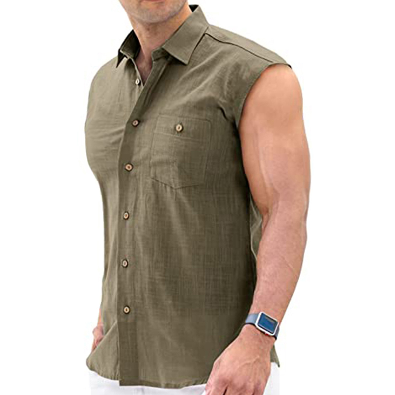 Men's Linen Summer Beach Shirt Turndown Sleeveless Khaki Plain Casual Daily Front Pocket
