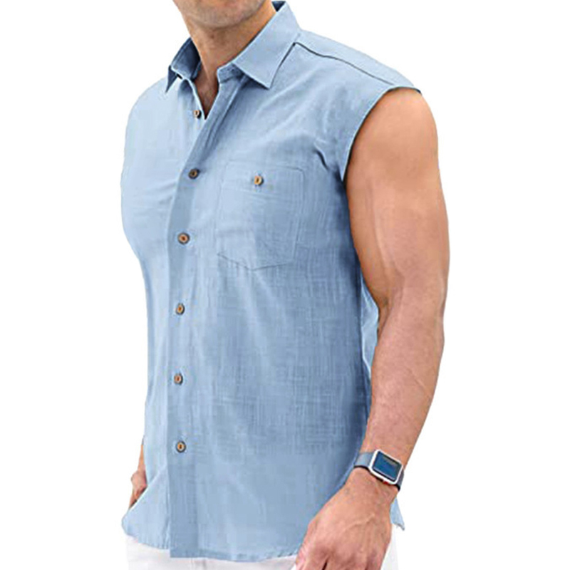 Men's Linen Summer Beach Shirt Turndown Sleeveless Khaki Plain Casual Daily Front Pocket