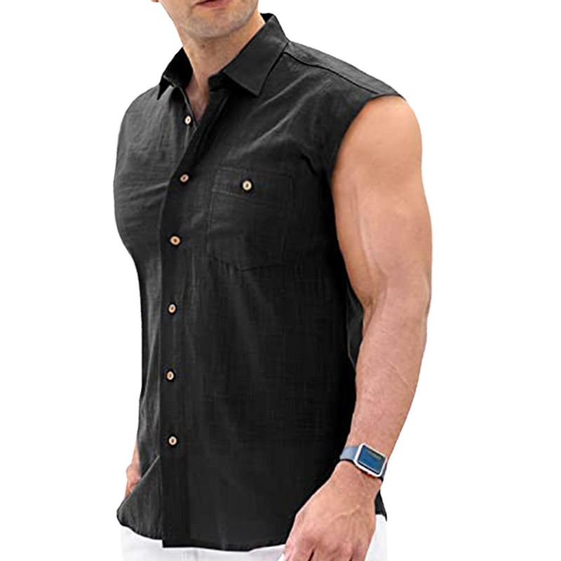 Men's Linen Summer Beach Shirt Turndown Sleeveless Khaki Plain Casual Daily Front Pocket