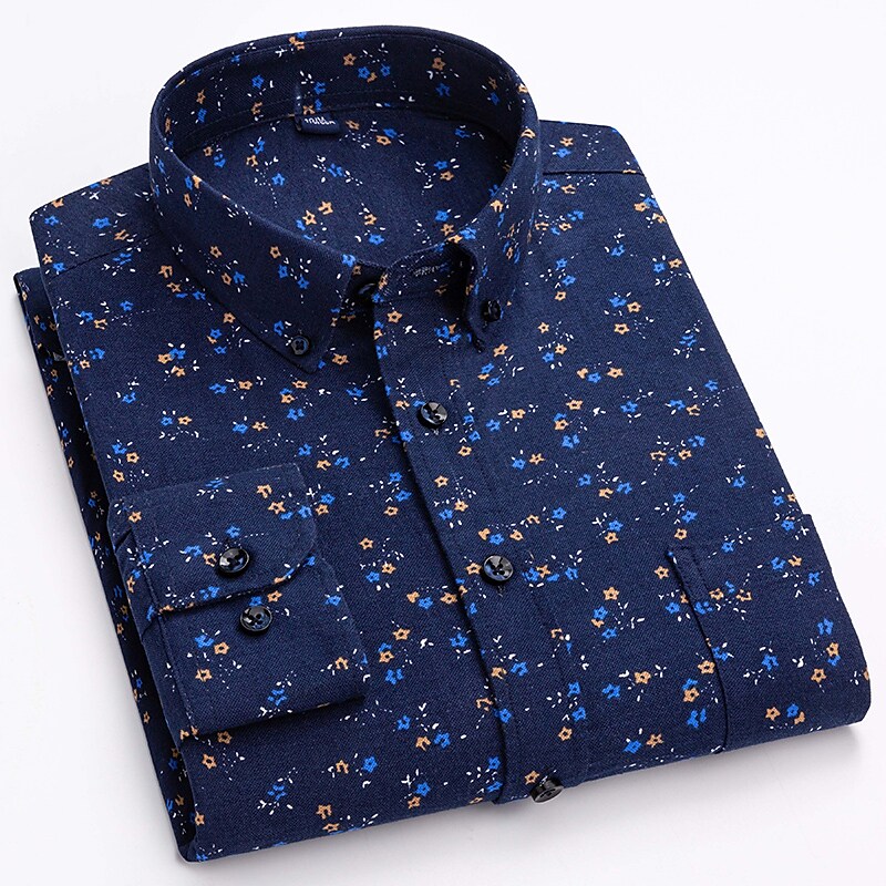 Men's Oxford Solid Color Floral Button Down Collar Long Sleeve Shirt