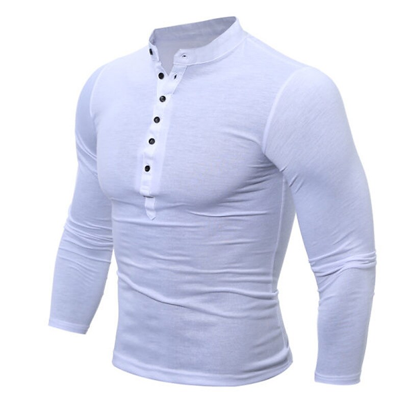 Men's Solid Color Stand Collar Long Sleeve Button-Down Henley Shirt