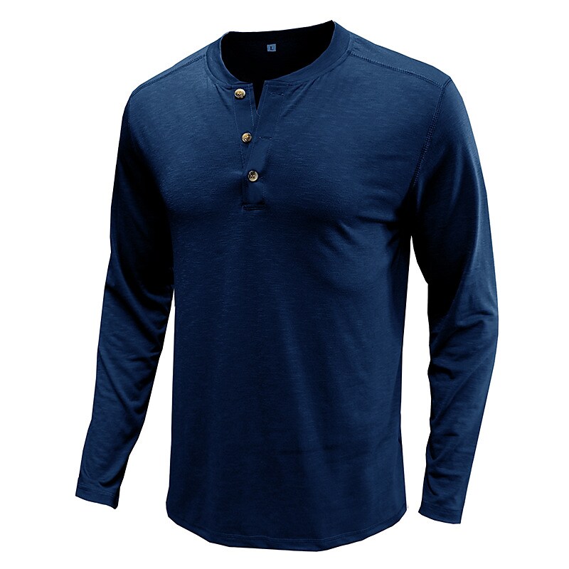 Men's Solid Color Round Neck Button Down Outdoor Long Sleeve Shirt