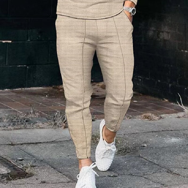 Men's Plaid Drawstring Trousers Pocket Solid Color Pants