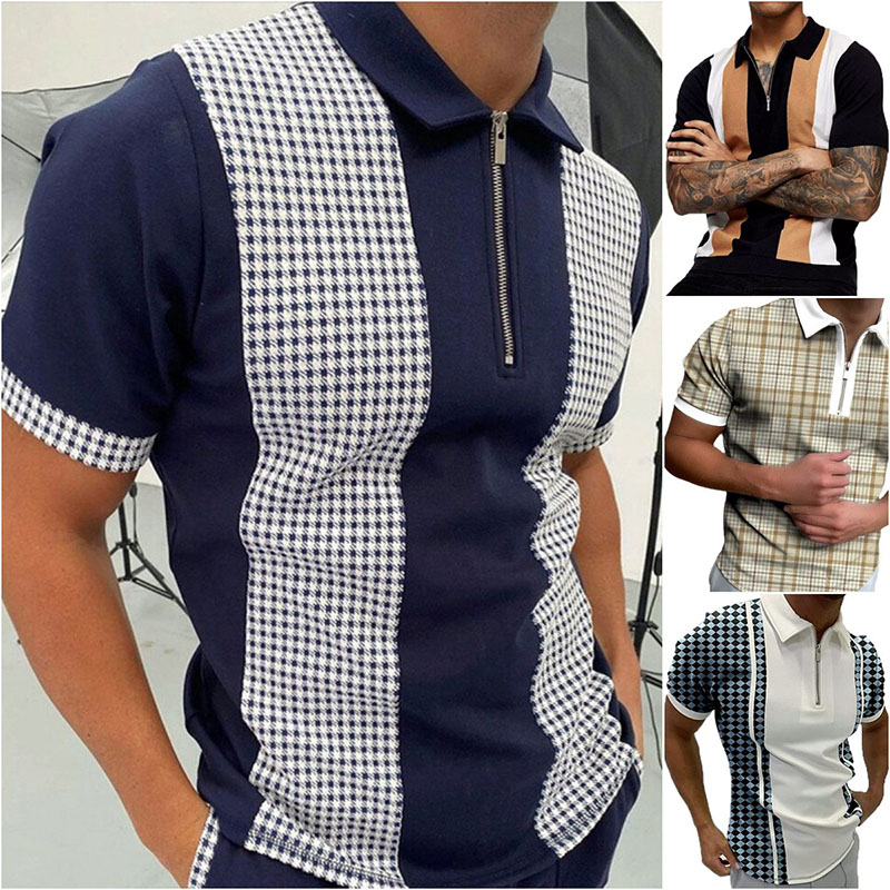 Men's Golf Shirt Plaid Striped Collar Outdoor Street Short Sleeve Zipper Casual Comfortable  Polo Shirt