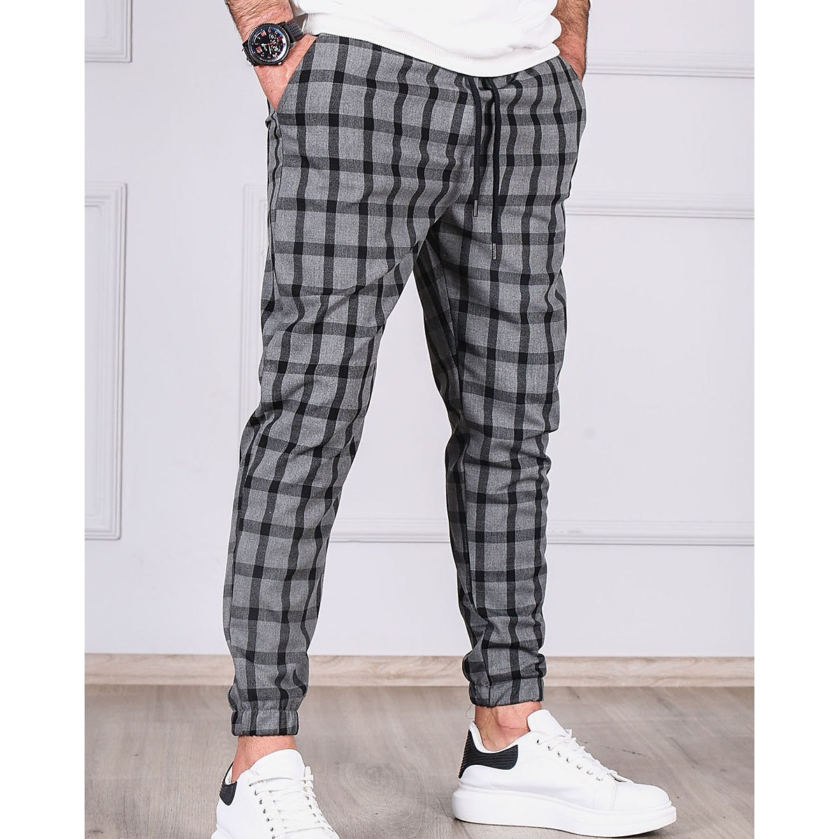 Men's Casual Micro-elastic Pocket Plaid Full Length Tapered Pant