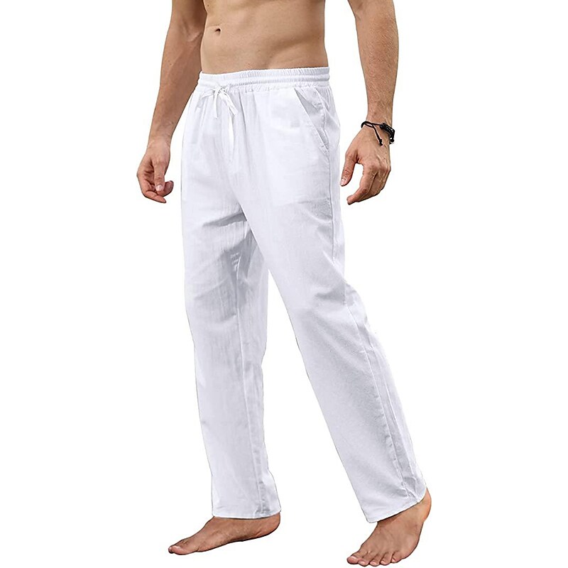 Men's Linen  Pocket Drawstring Straight Leg Solid Color Plain Breathable Soft Pant