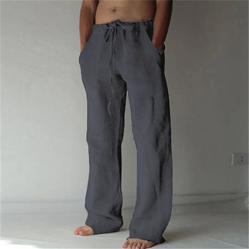 Men's Linen Solid Color with Pocket Straight-Leg Beach Trousers