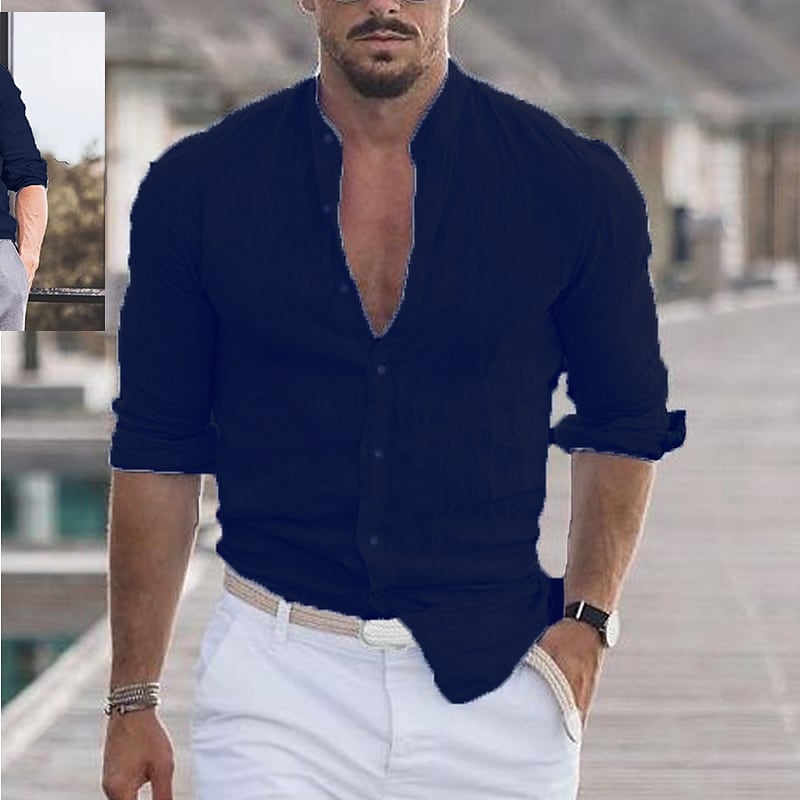 Men's Solid Color Collar Street Long Sleeve Cotton Lightweight Shirts
