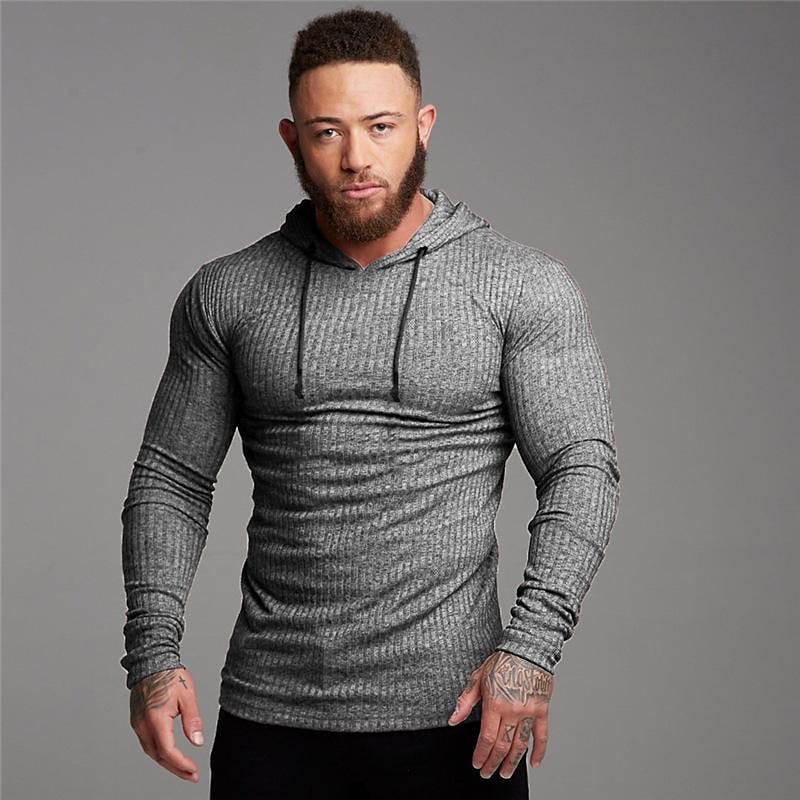 autumn and winter thin hooded long-sleeved t-shirt men striped slim casual fitness sports sweater training bottoming shirt
