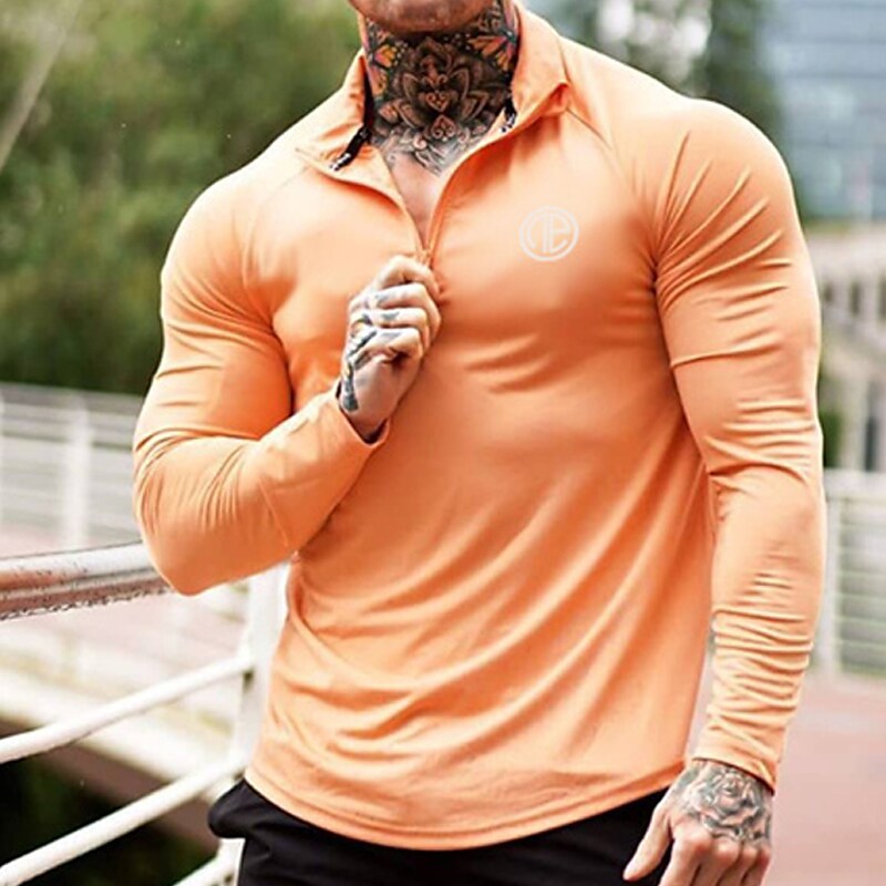 Men's Sport Stand Collar Zipper Long Sleeve Casual T-shirt