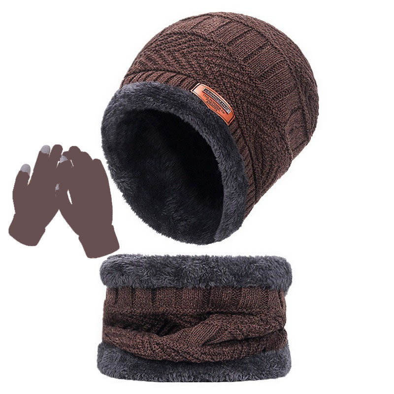 Men's Warm Velvet Thick Hat Scarf  Solid Color Touch Screen Gloves Three-piece