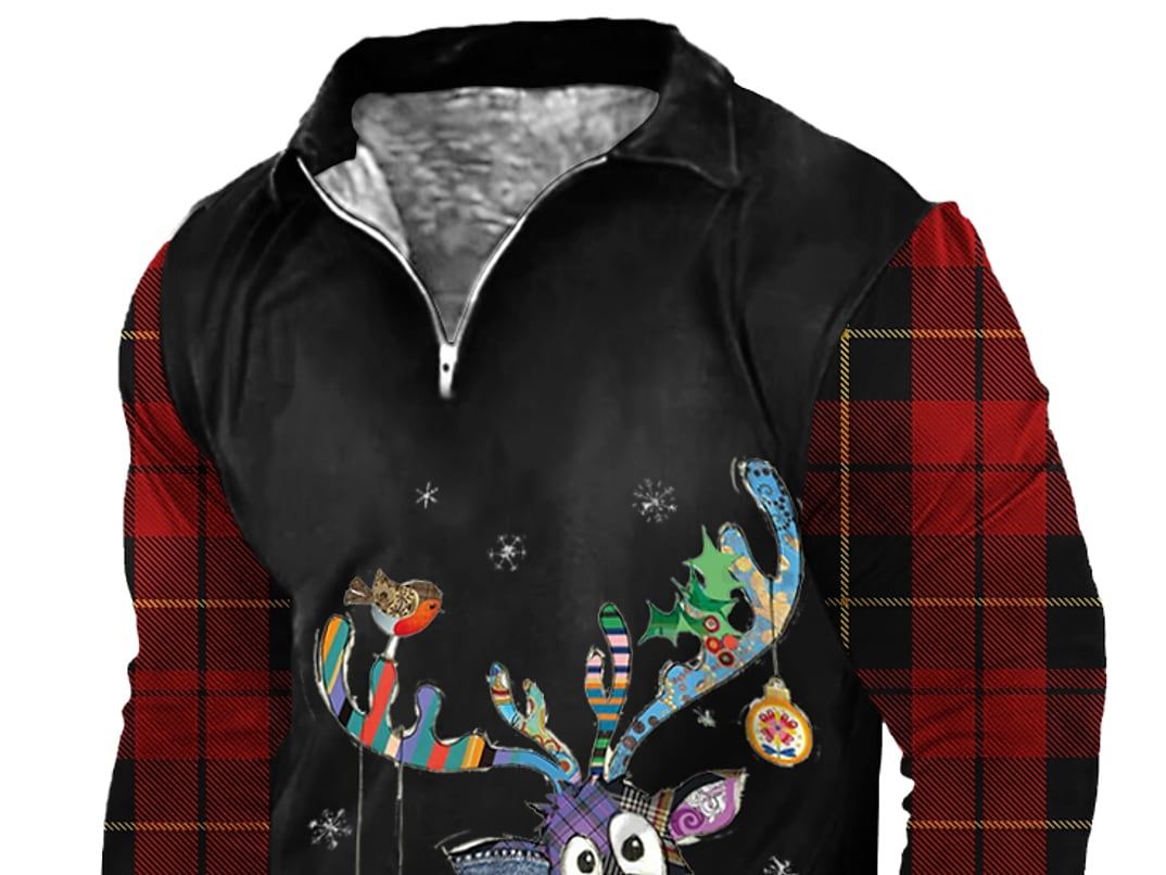 Men's Casual Christmas Print Lapel V Neck Long Sleeve Sweatshirt