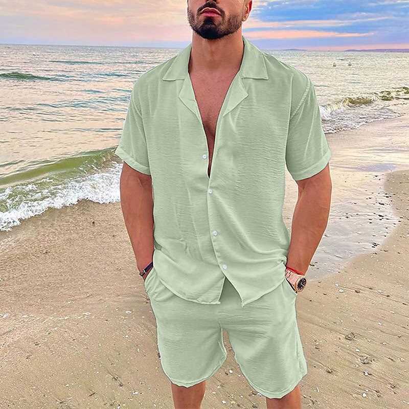 Men's Shirt 2 Piece Shirt Set Summer Set Short Sleeve Plain Lapel Spring & Summer Hawaiian  Pocket