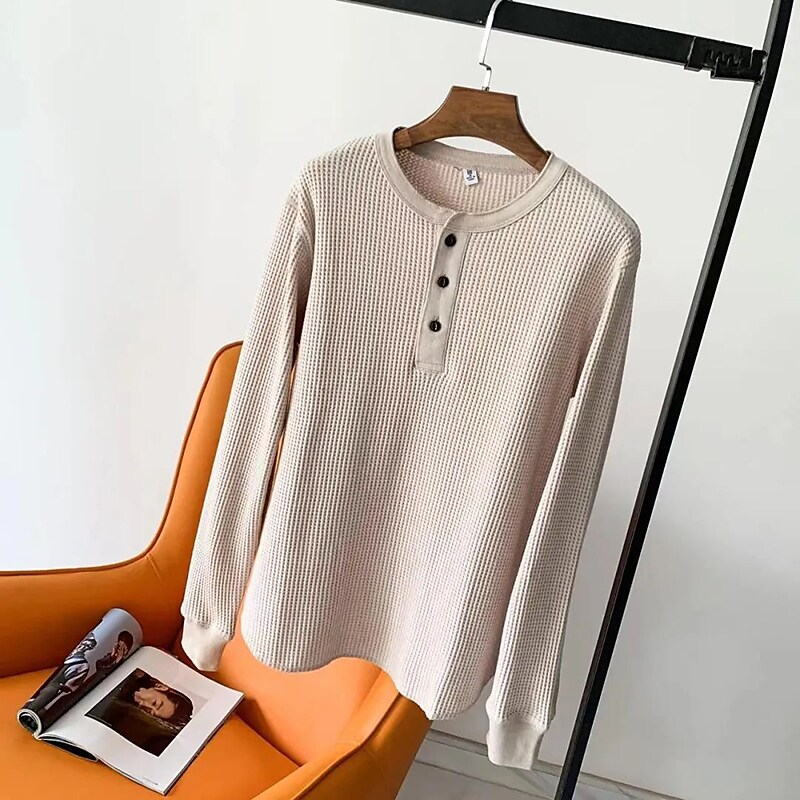 Men's Casual Solid Color Button-Down Long Sleeve Round Neck Shirt