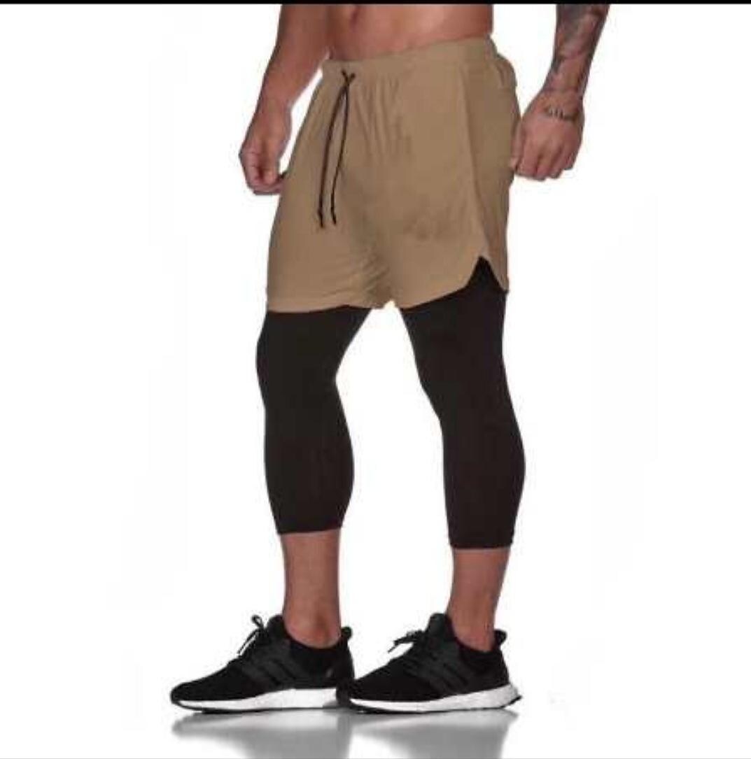 Men's Running Shorts With Tights Compression 3/4 Pants Drawstring Towe