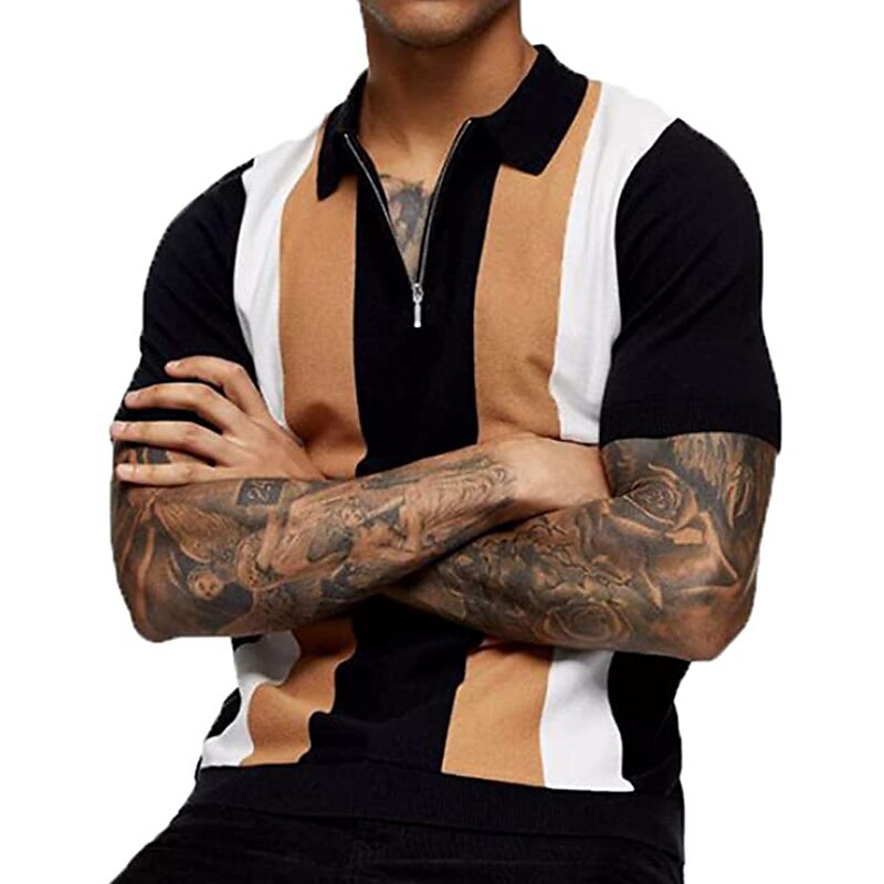Men's Golf Shirt Plaid Striped Collar Black Yellow Navy Blue Blue Khaki Outdoor Street Short Sleeve Zipper Casual Comfortable  Polo Shirt