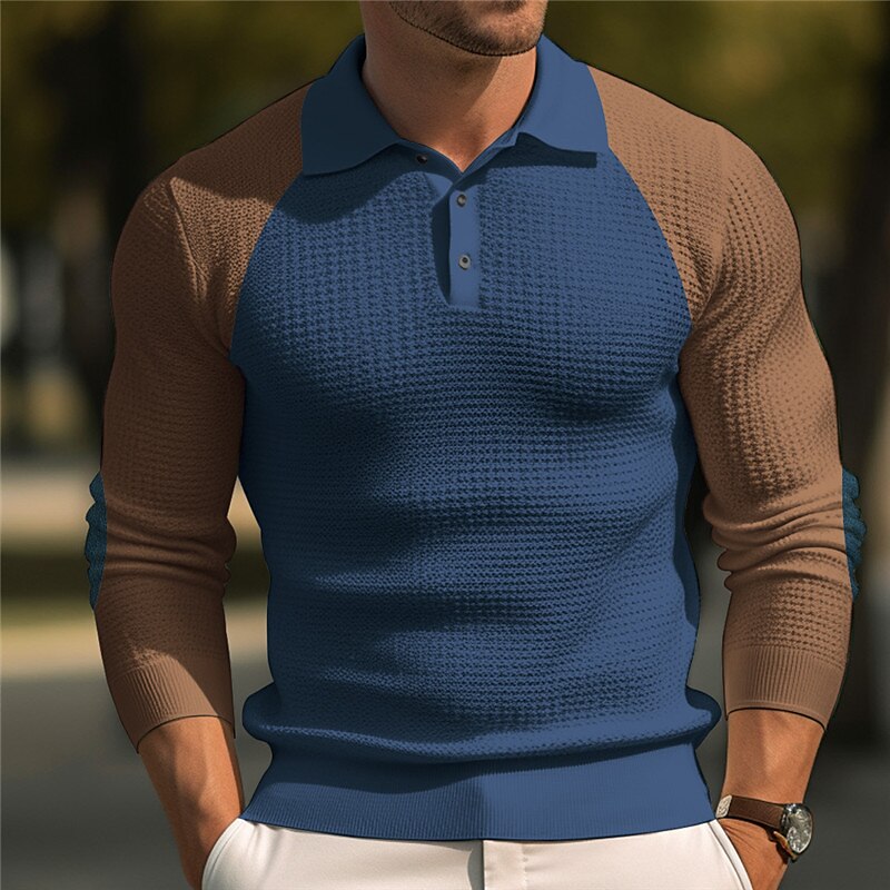 Men's Waffle Polo Shirt Button Up Polos Casual Sports Lapel Long Sleeve Fashion Basic Color Block Button Waffle Polo Shirt