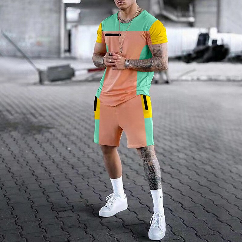 Men's Shorts and T Shirt Set Outfits Block Crew Neck Print Outdoor Dai