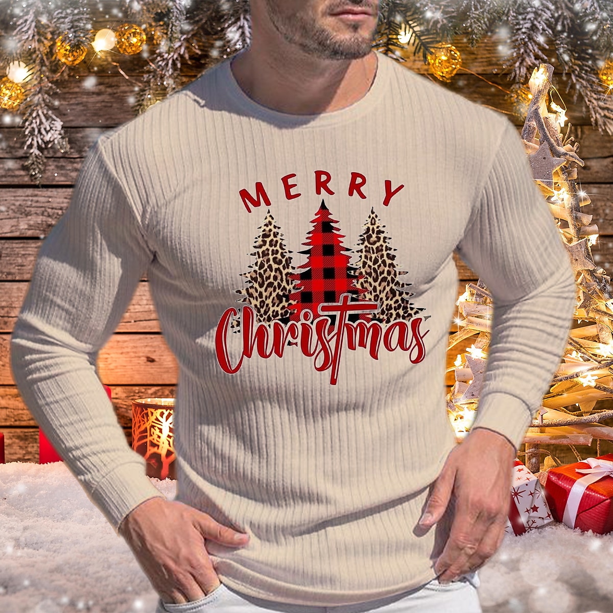 Men's Christmas Print Crew Neck Street Long Sleeve Casual Shirt