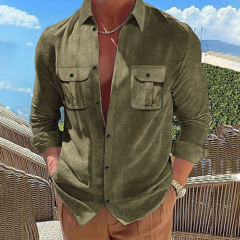 Men's Shirt Jacket Shacket Overshirt Wine Blue Brown Long Sleeve Plain Lapel Outdoor Daily Pocket Shirt 