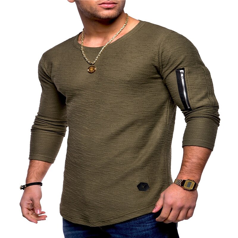 Men's T shirt Tee Long Sleeve Shirt Plain Crew Neck Plus Size Casual Long Sleeve Zipper Clothing Apparel Cotton Muscle Top