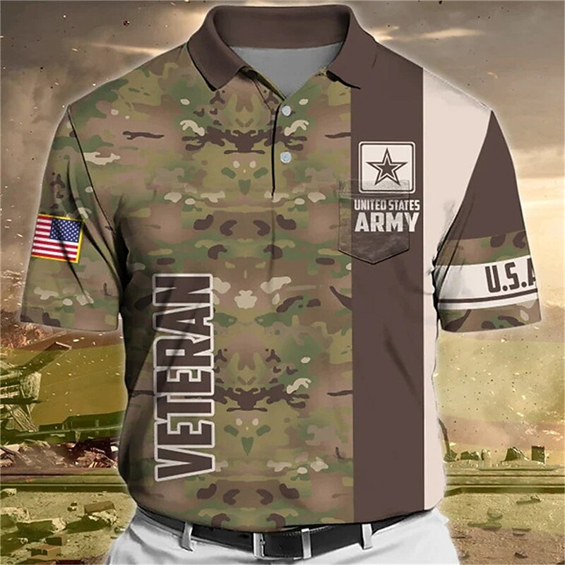 Men's Button Up Polo Shirt  Graphic Prints Camo / Camouflage Veterans Turndown Outdoor Street Short Sleeves Print Sports Golf Shirt