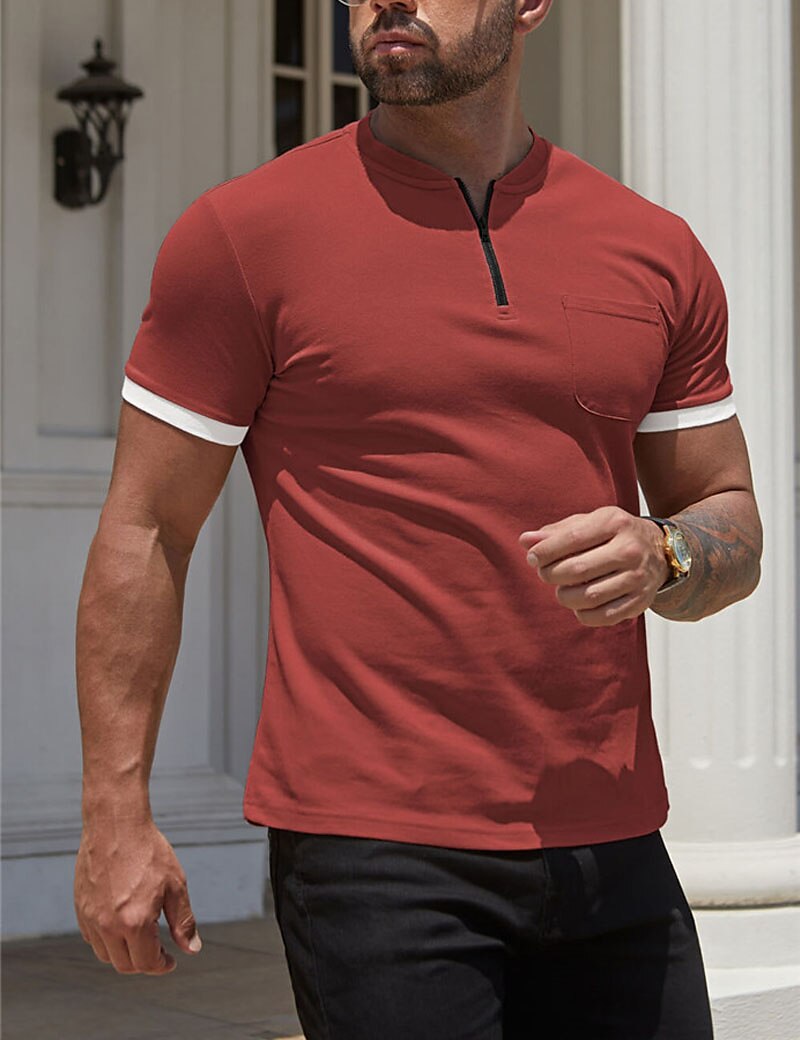 Men's T shirt Tee Tee Top Plain Quarter Zip Street Vacation Short Sleeves Front Pocket Clothing Apparel Fashion Designer Basic
